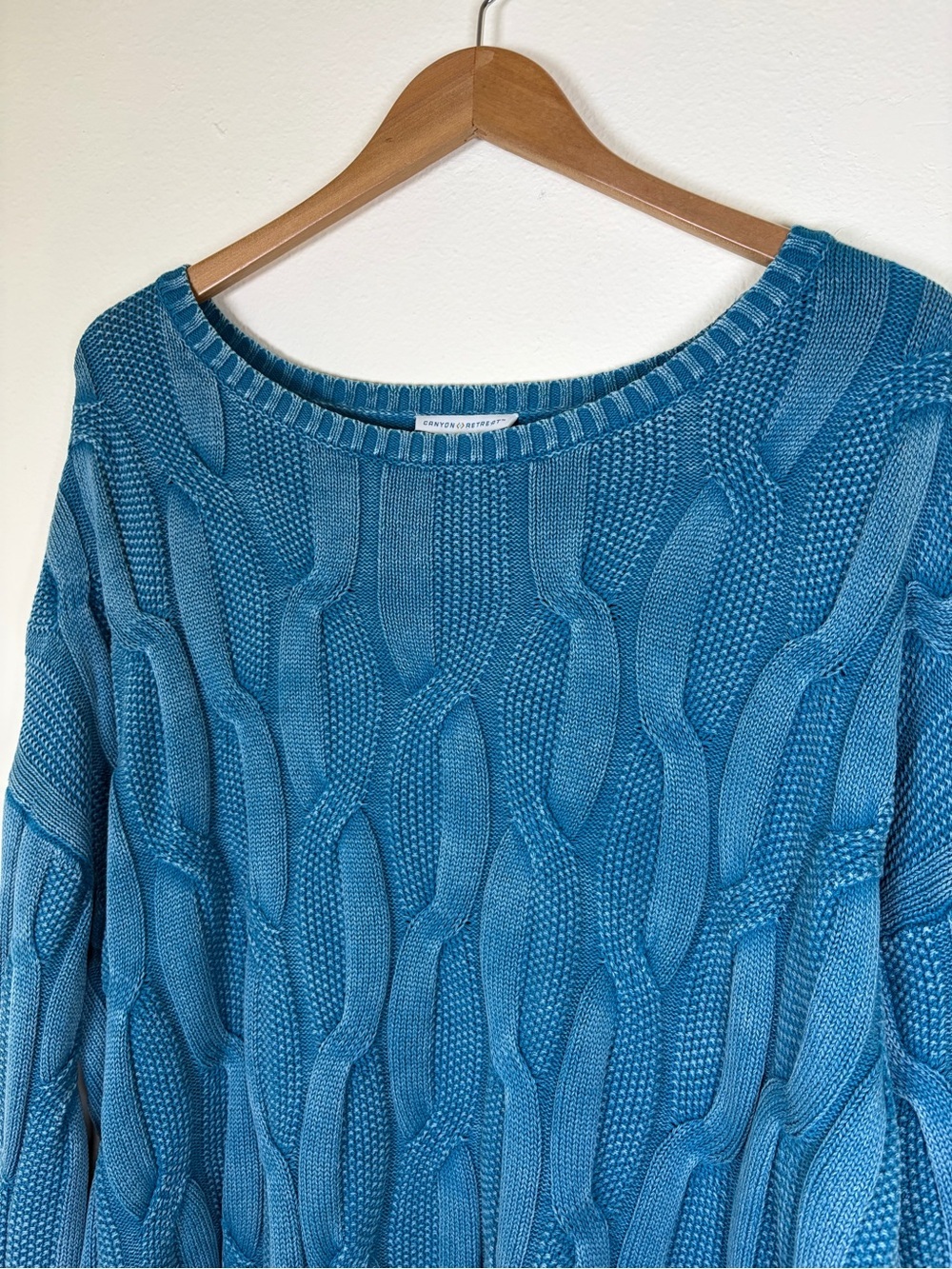 Denim & Co Canyon Retreat Cable Knit Drop Shoulder Washed Sweater 1X Turquoise - Picture 2 of 12